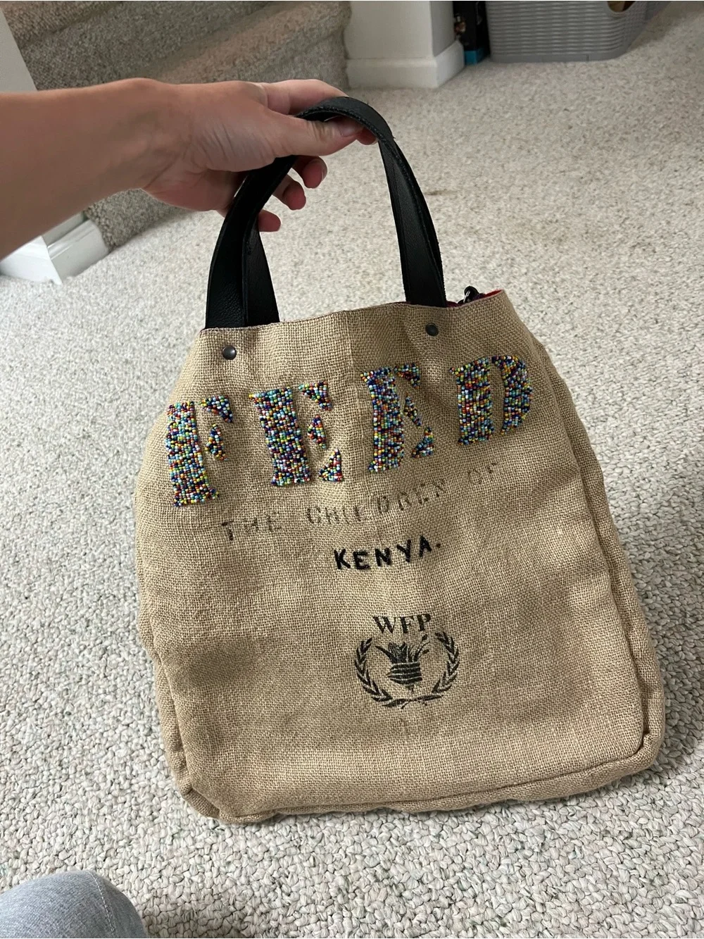 Beaded Lettering Kenya Jute Tote with Black Straps